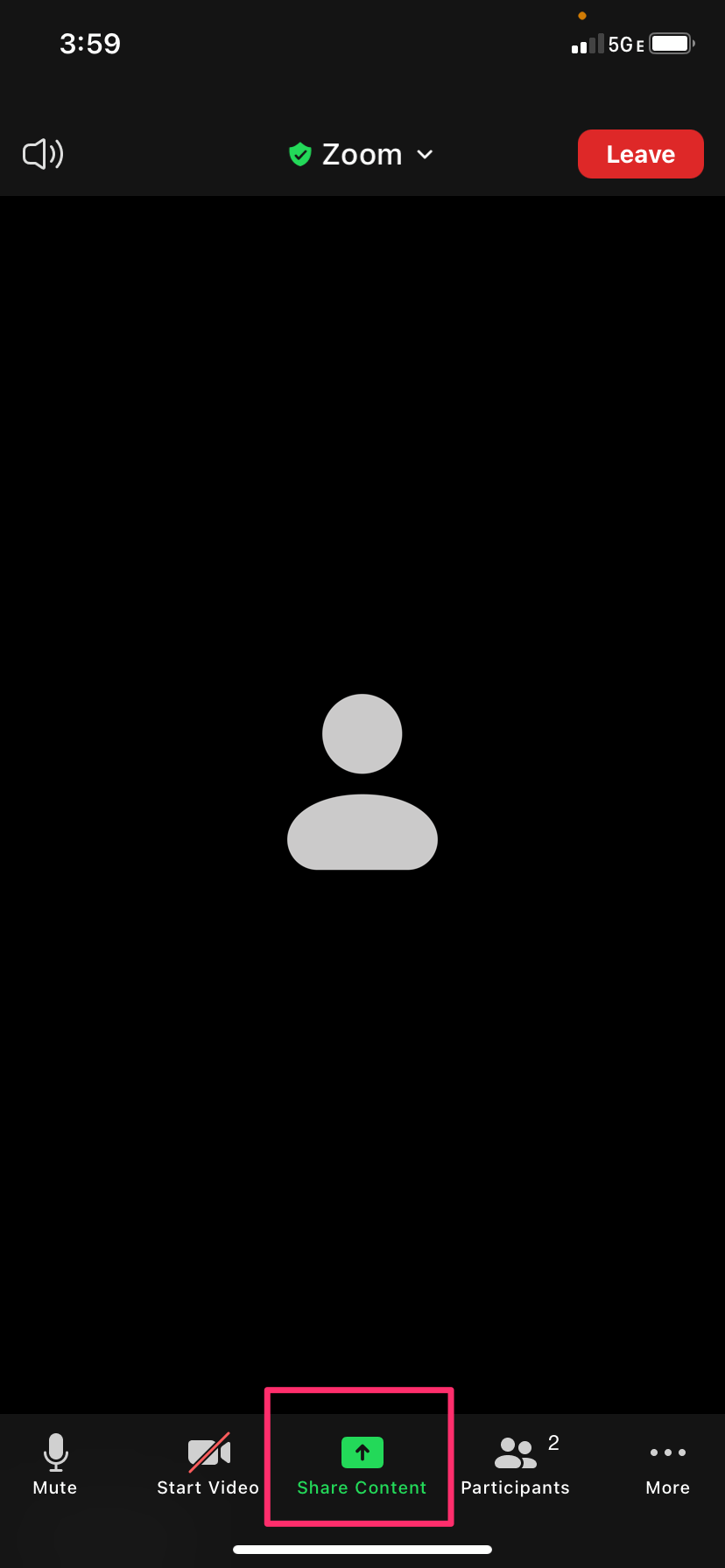 Screenshot of the Zoom app meeting controls suggesting you select the share content button.