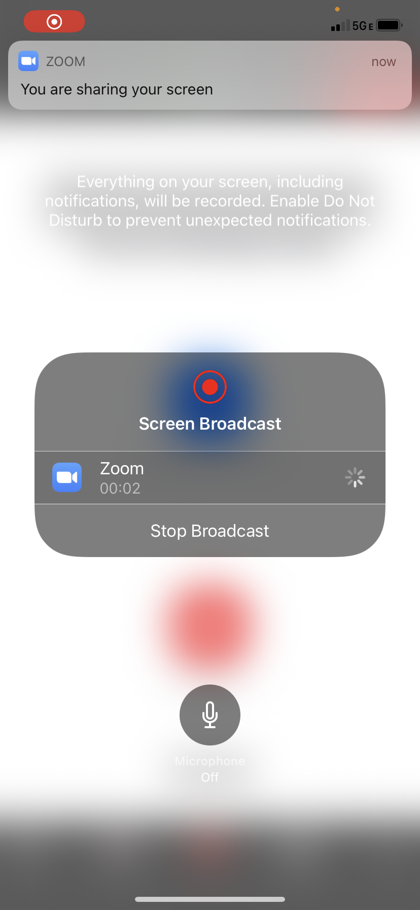Screenshot of an iPhone starting screen broadcast. There is a red icon on the top left corner to indicate you are sharing your screen.