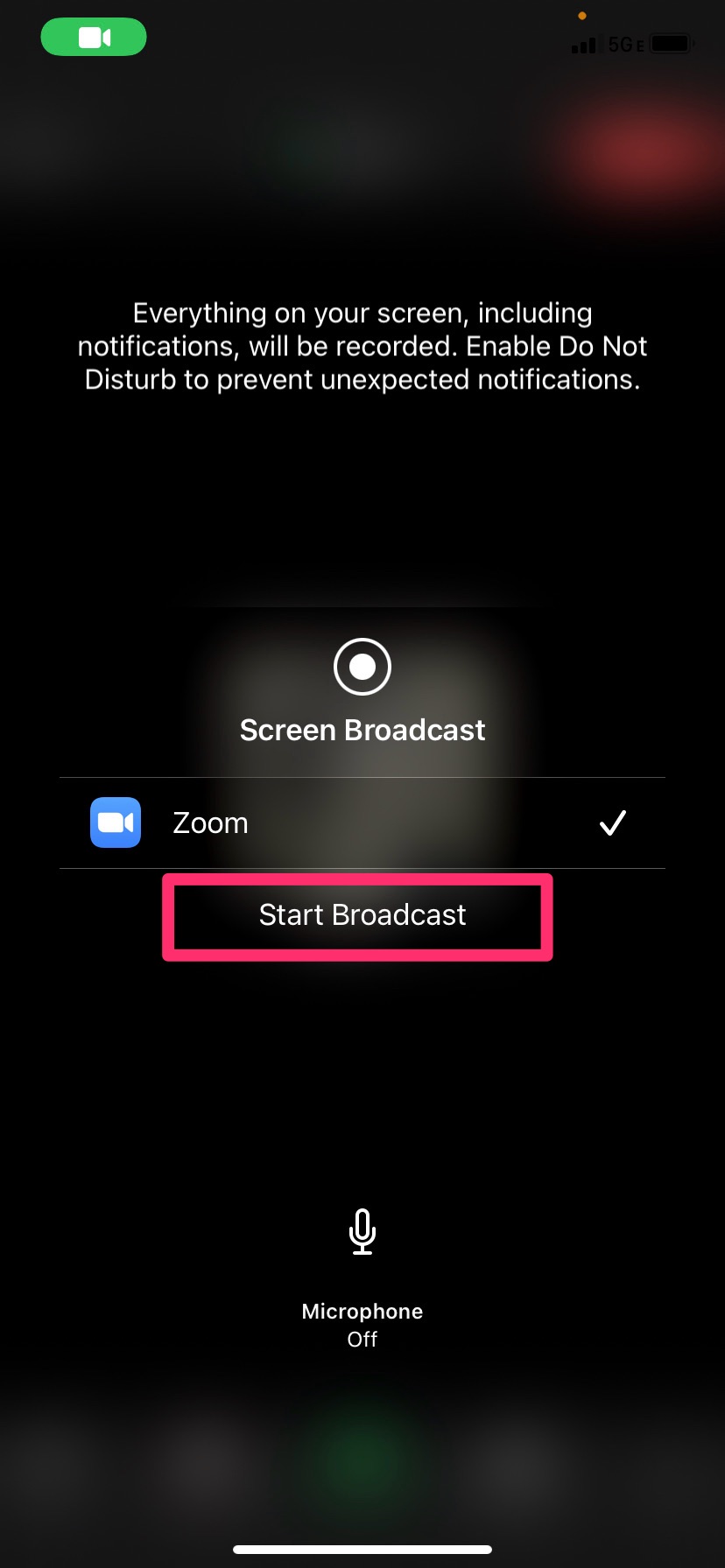 Screenshot explaining that everything on your screen will be recorded and suggesting you select the Start Broadcast button.