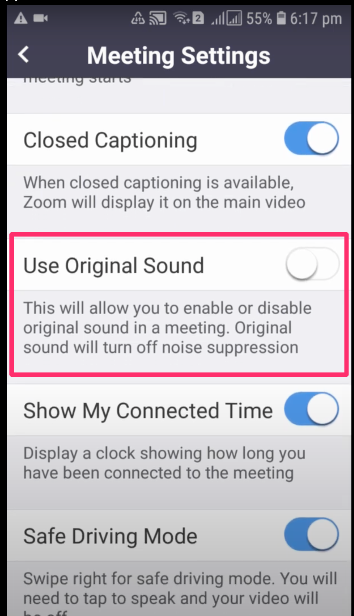Screenshot of the Meeting Settings where you can enable Use Original Sound