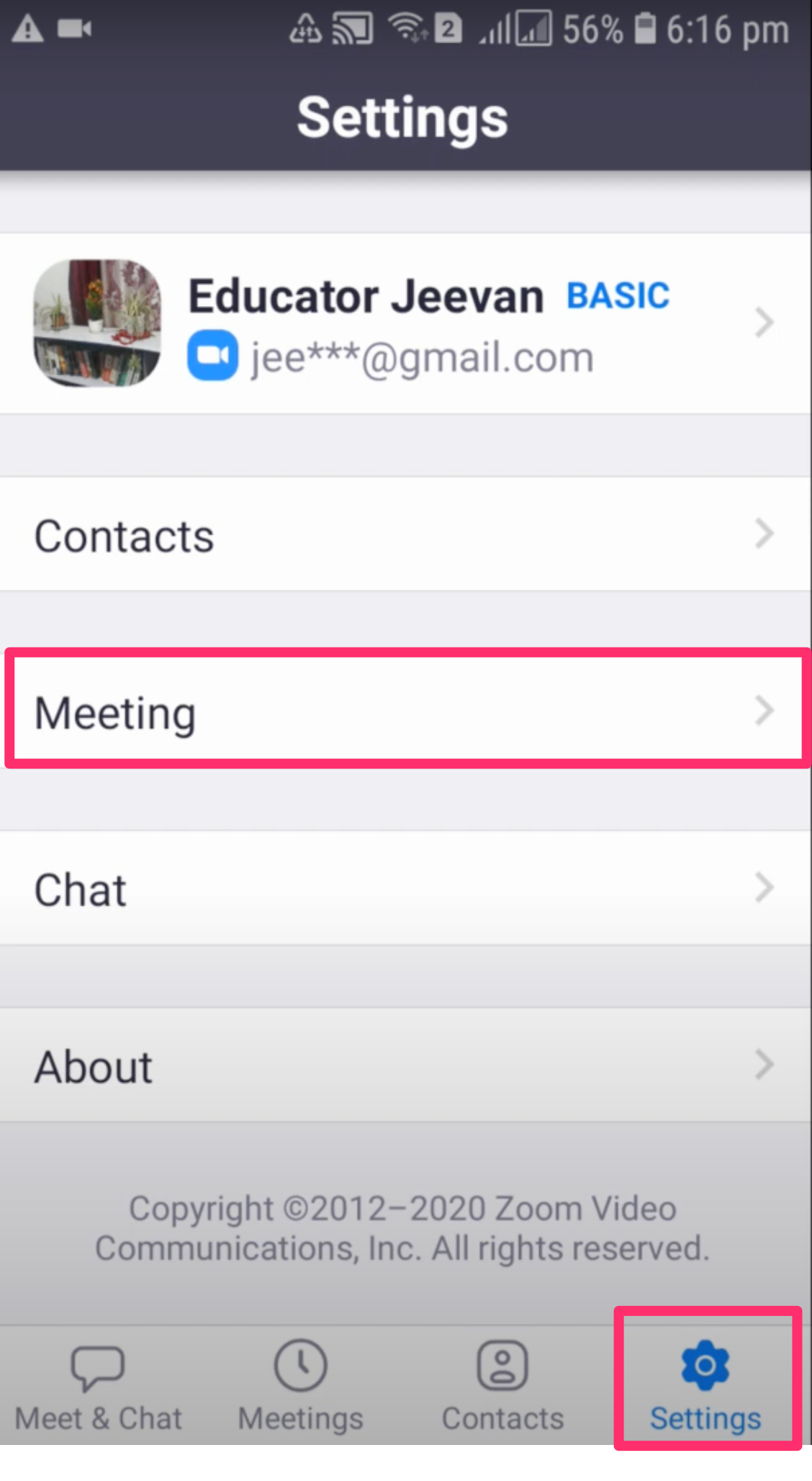 Screenshot of the Settings screen where you'll find the Meeting option in the middle of the screen.