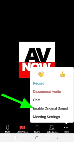 Screenshot of the Zoom More menu expanded with the Enable Original Sound option highlighted.
