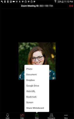 Screenshot of the Zoom app menu with the Share menu opened.