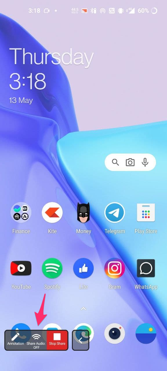 Screenshot of an Android home screen with a menu on the bottom showing whether Sharing Audio is on or off.