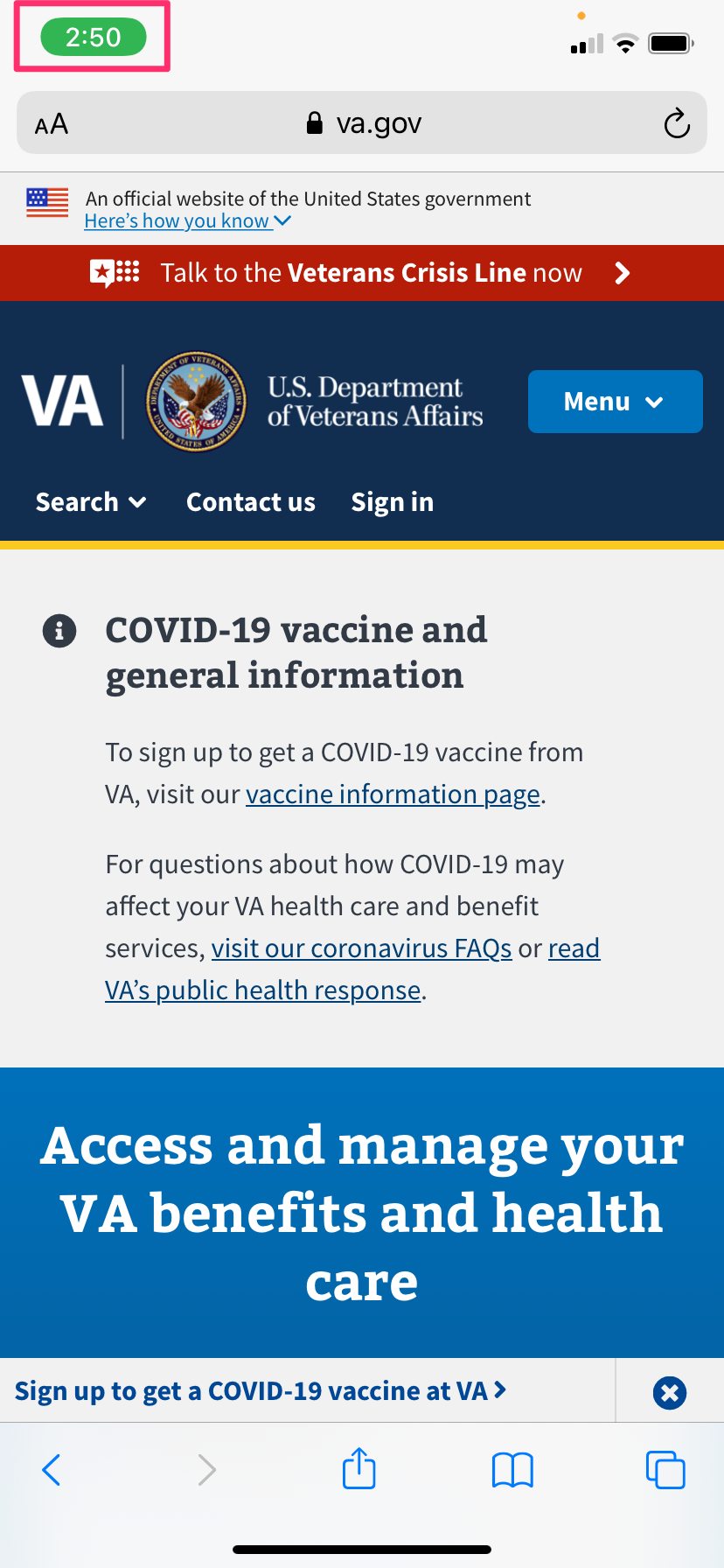 Screenshot of a phone with the browser open highlighting the green time icon in the top left indicating that has changed now that you've stopped sharing your screen.