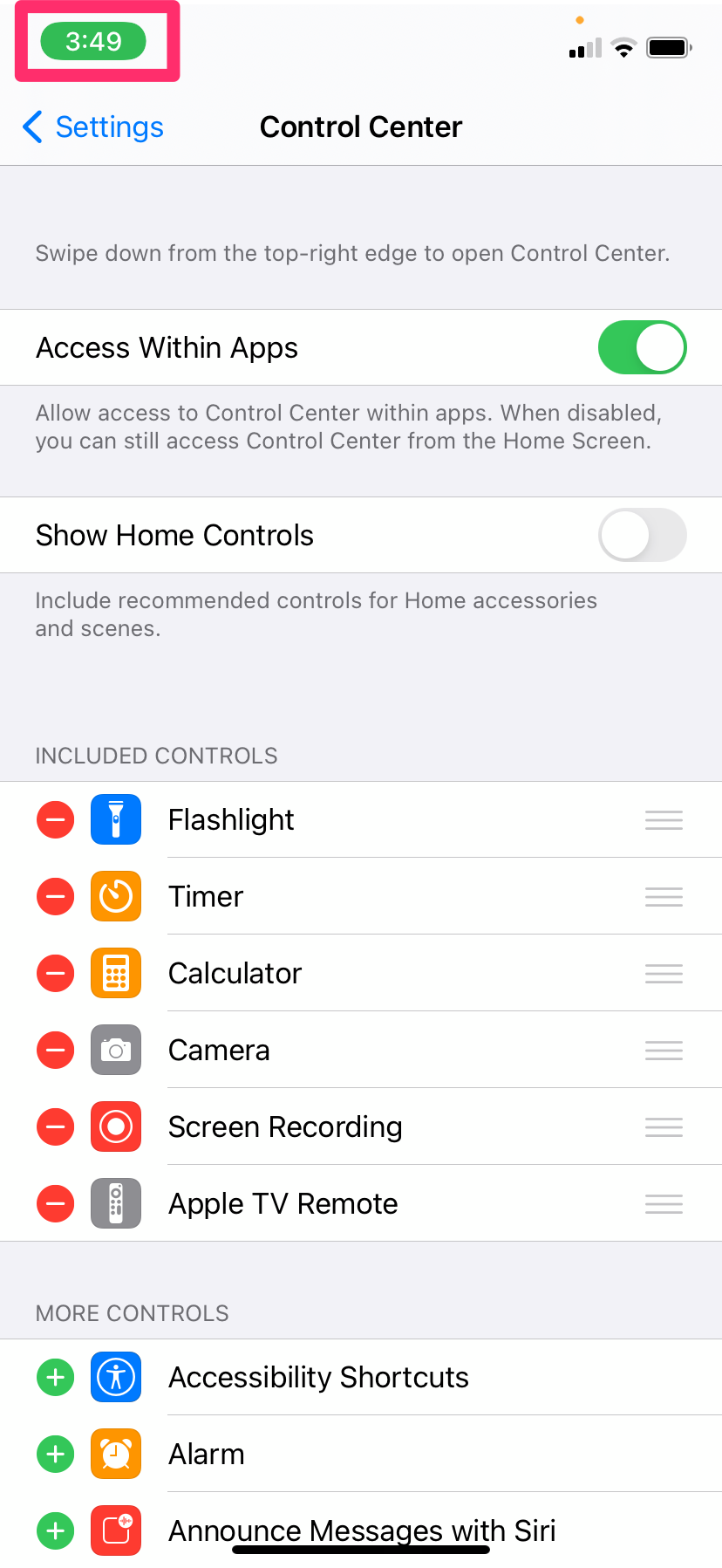Screenshot of the Control Center where you find a list of included controls and more controls.