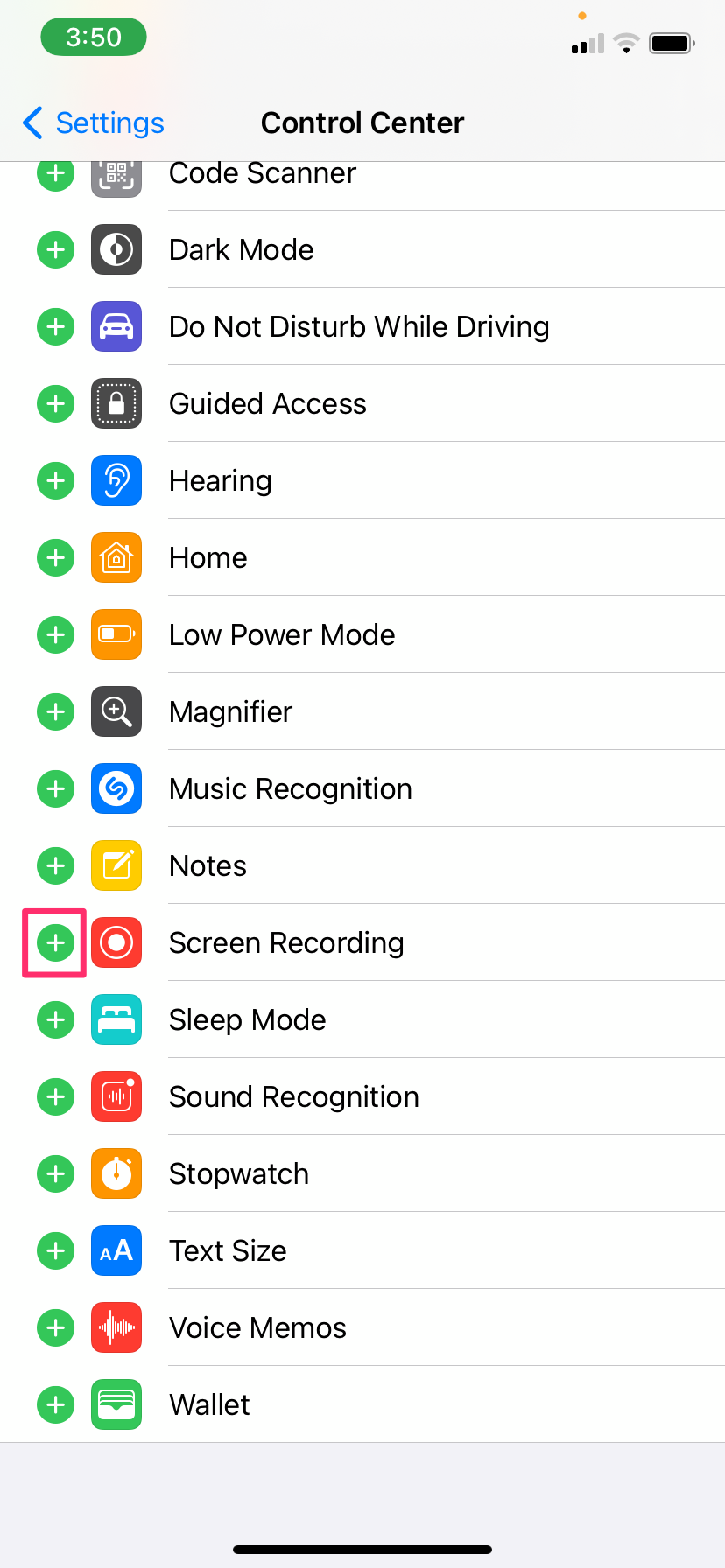 Scrolling down the Control Center screen in more controls, you might see Screen Recording with a green plus.
