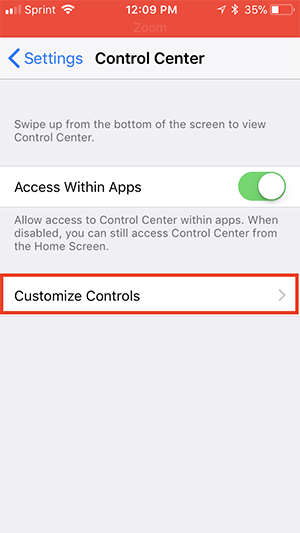 Screenshot of the Control Center screen where you'll find an option for Customize Controls in the middle.