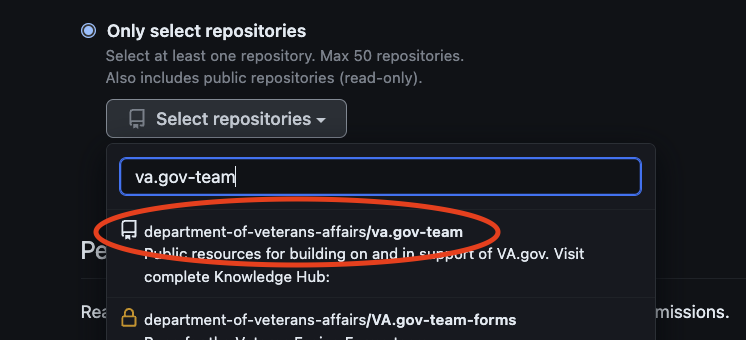 Search for or scroll down and select the va.gov-team repository