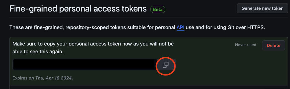 Copy the token into your clipboard by clicking the button