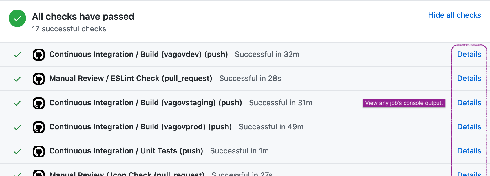 List of job statuses shows green check marks to the left of the job name. On the right, a details link can be clicked to view the console output.