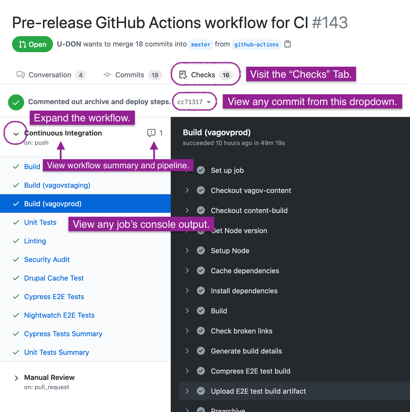 Screenshot shows a view of a PR with Checks tab selected. Select the desired commit via the commit dropdown menu. On the left a list of jobs appears for that commit. Each job can be expanded to view workflow summary, pipeline, and console output by selecting the name of the job in the list.