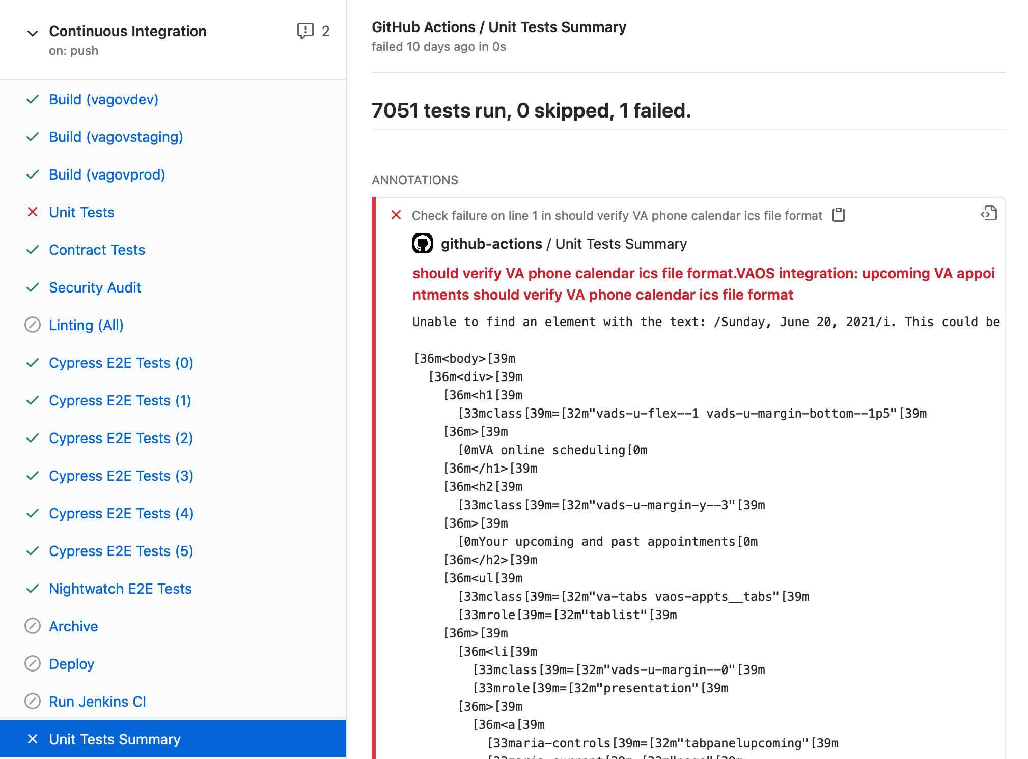 Screenshot shows list of jobs in the workflow on the left including one called Unit Tests Summary, which is expanded on the right. The expanded summary shows 7051 tests run, 0 skipped, 1 failed. The annotation shows details on the failed unit test.
