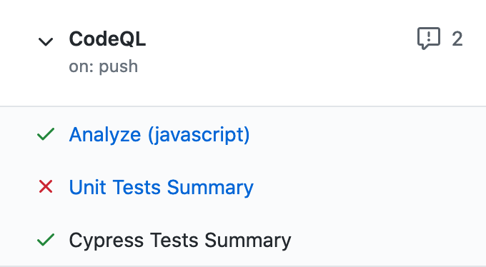 Screenshot shows expanded CodeQL matrix showing that the Unit Test Summary and Cypress Test Summary appeared in the incorrect workflow. The summaries have status checks.