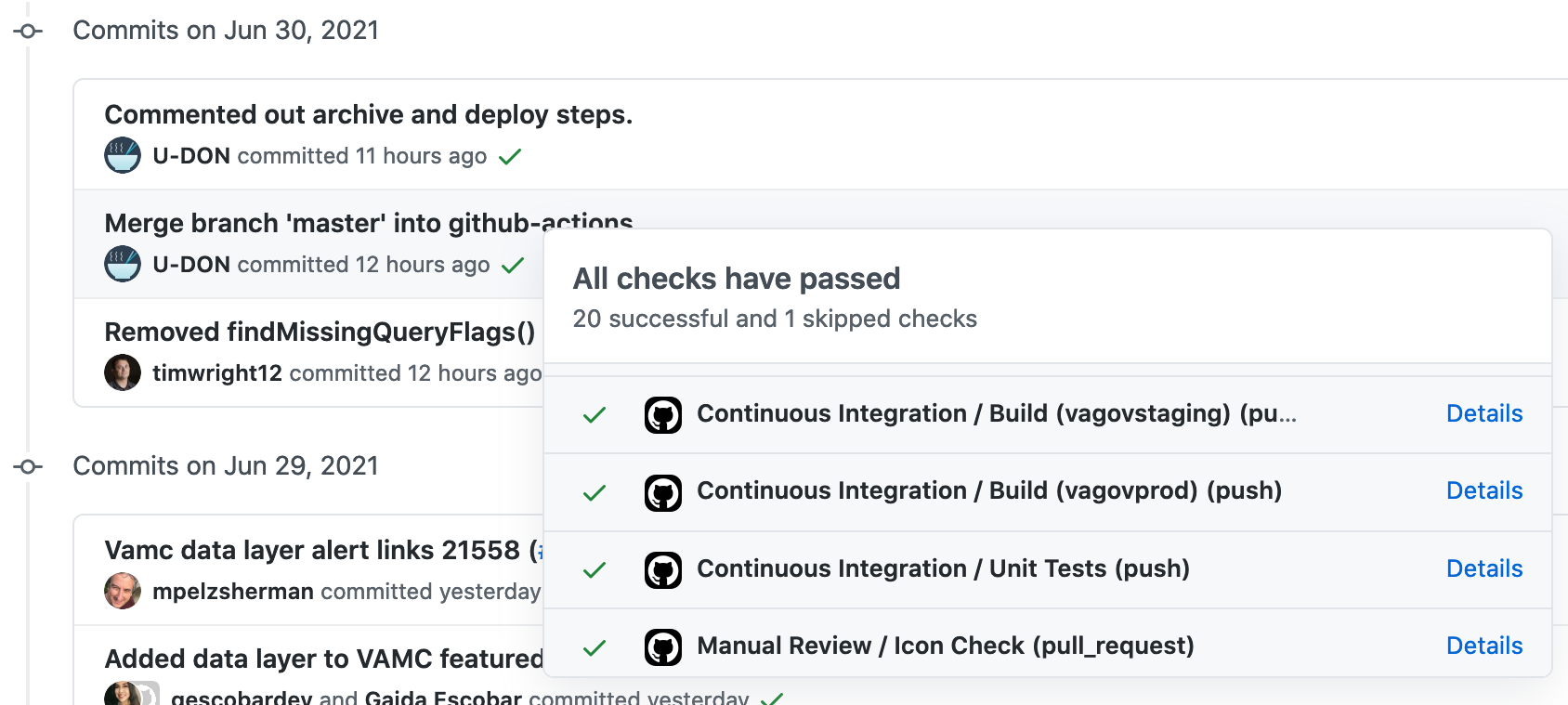 Screenshot shows commit history, listing commits by date including the name, author, time, and green check mark to show success of the commit. Selecting the green check mark shows a list of the checks that passed for that commit, with an option to click Details for any item on the list.