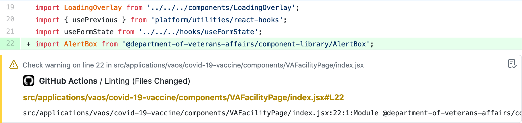 Screenshot shows an expanded linting warning that says Check warning on line 22 in the given file path.