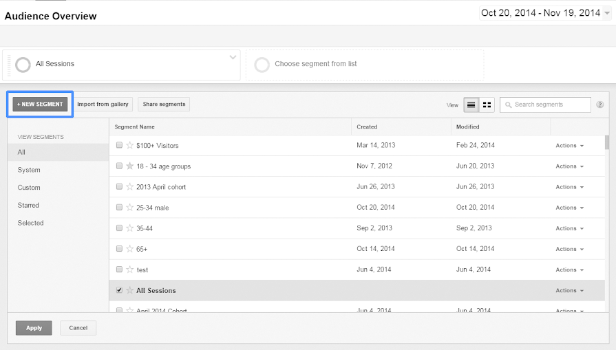 The Segments List with NEW SEGMENT highlighted