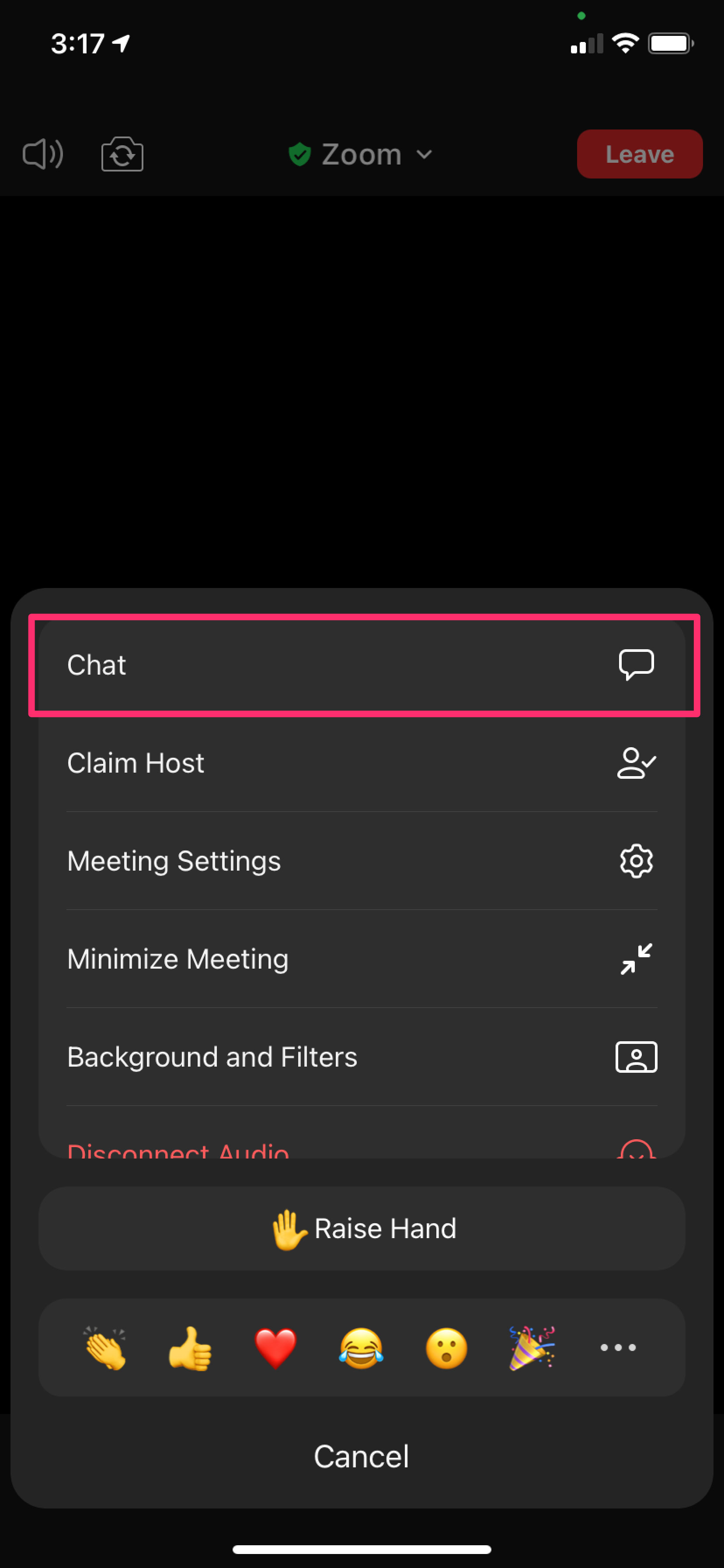 Screenshot of the Zoom More menu expanded with the Chat item highlighted.