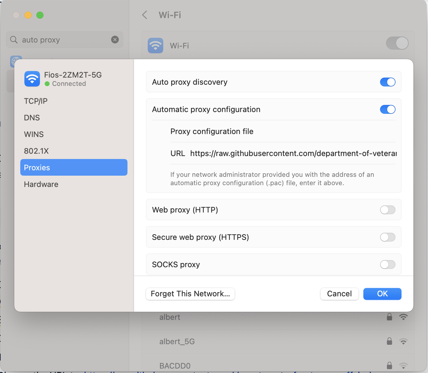 An screenshot of the Proxies page in System Settings on a Mac with Auto proxy discovery turned on and with the correct URL listed.