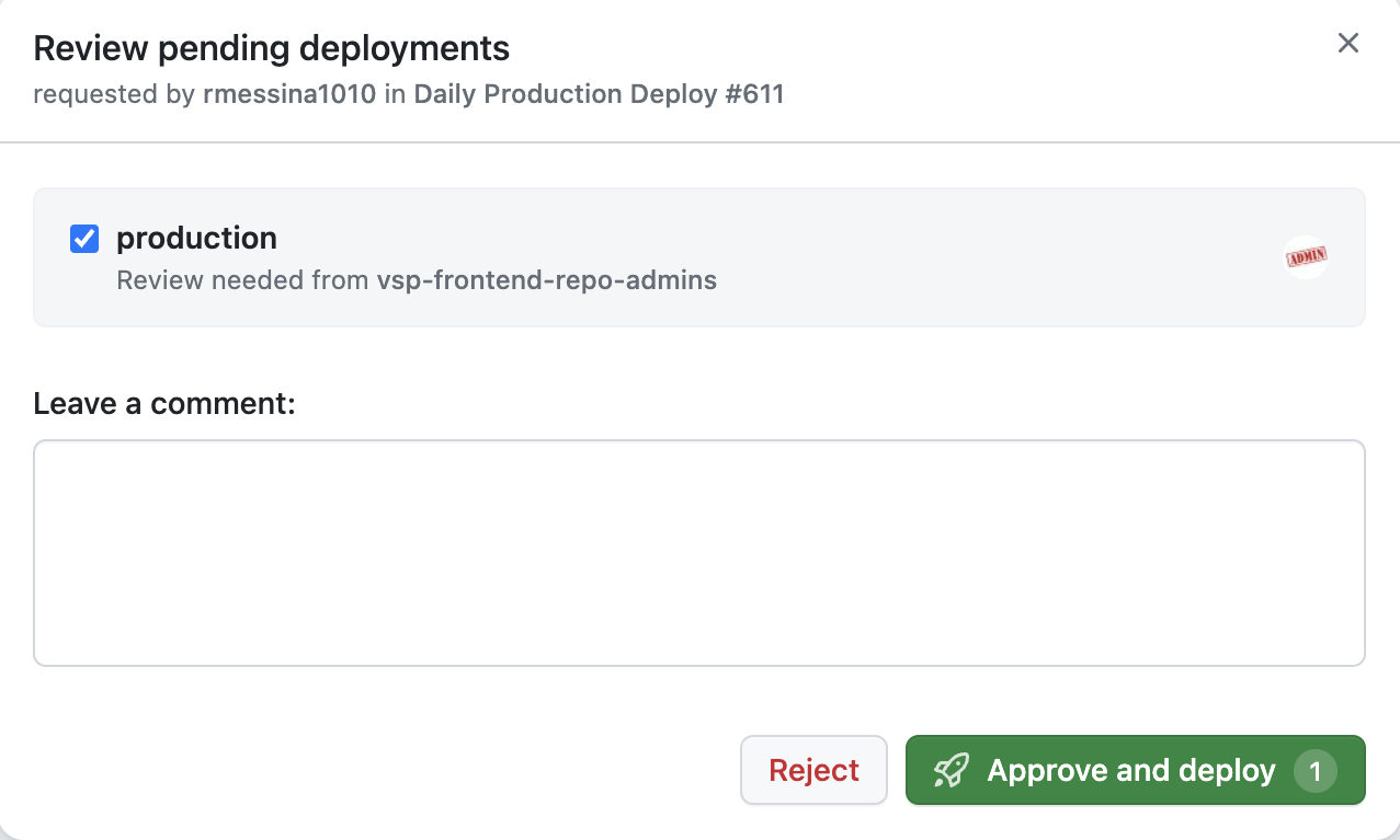 Production (target env) checkbox checked, approve and deploy ready