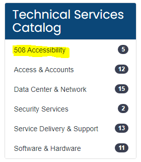 Technical Services Catalog list. 508 Accessibility is highlighted as the first item in the list.