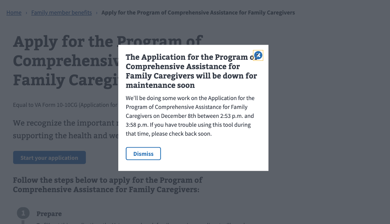 Screenshot of modal explaining that downtime is approacing.