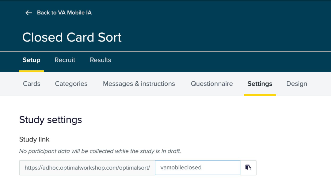 OptimalSort study setup page showing where to create unique URL links