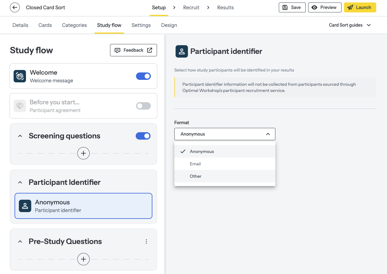 Screenshot of the Study flow tab within Setup showing selecting the Anonymous section under Participant Identifier