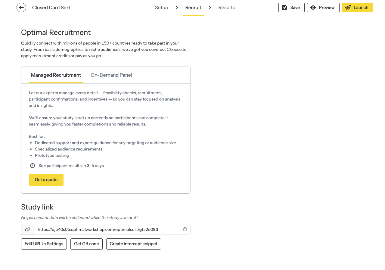 Screenshot showing the Recruit step with the Study link at the bottom of that page.