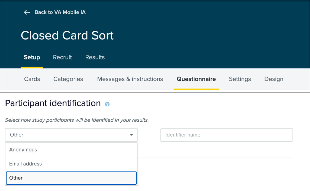 OptimalSort study setup page showing how to ask participants for a unique identifier