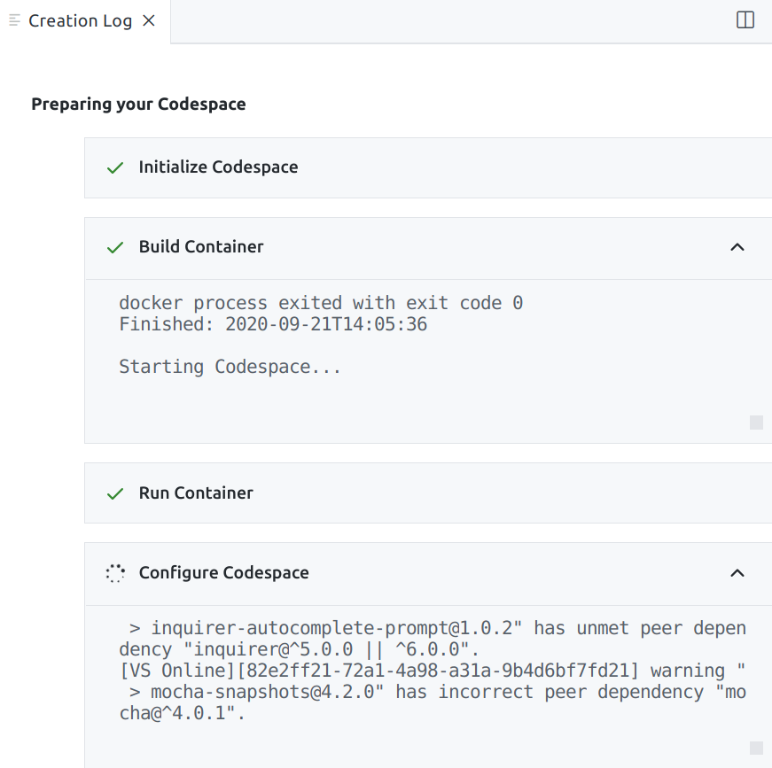 Creation log output