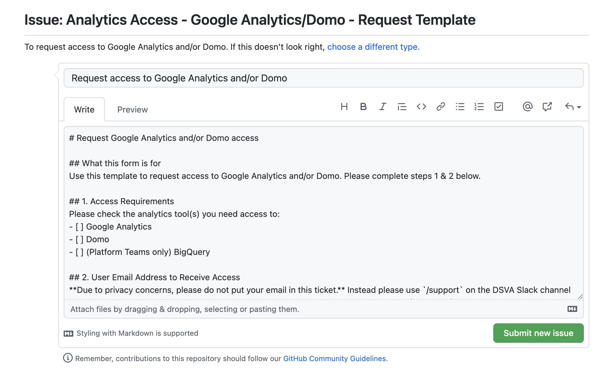 This image shows what the issue template in GitHub looks like.