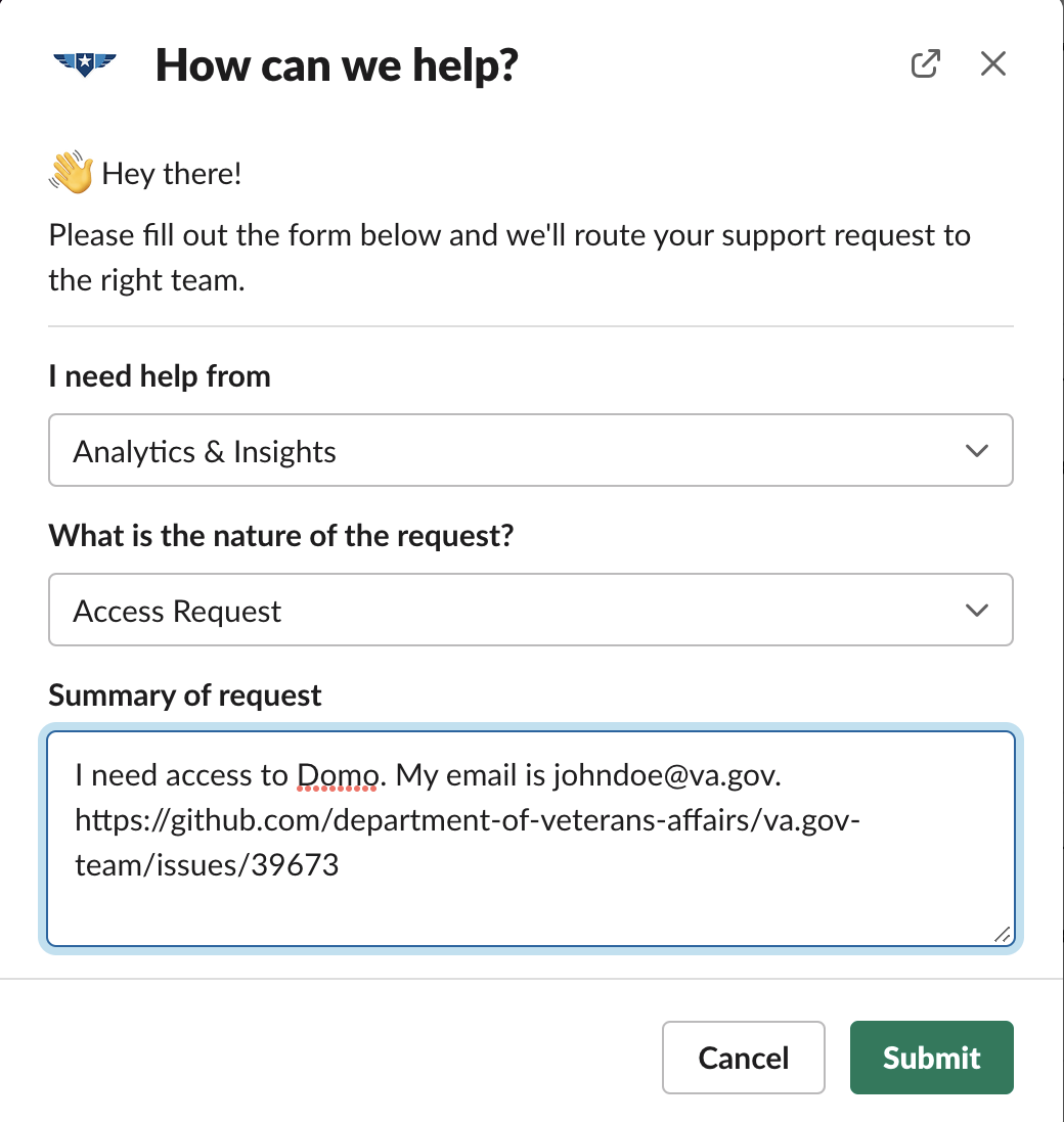 This image illustrates how to fill in the request form in Slack.