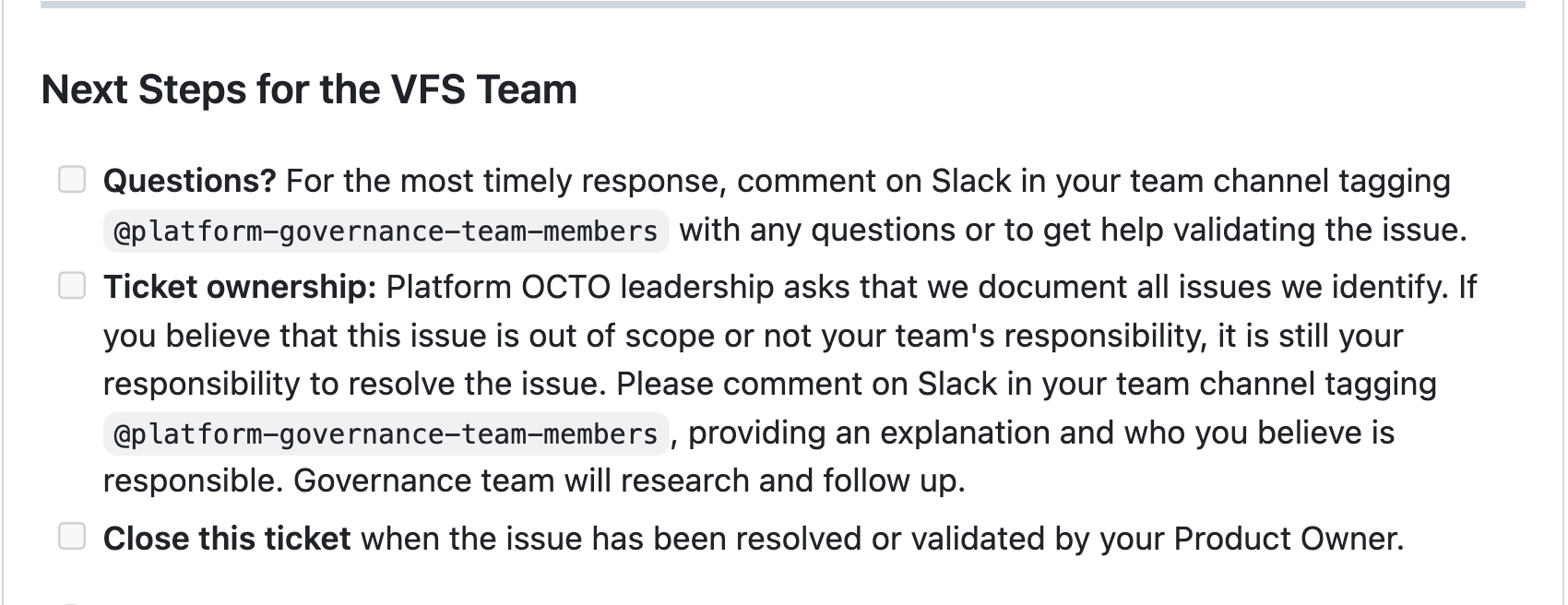 Screenshot of the Next Steps for the VFS team section including where to send questions, what to do about ticket ownership and how to close the ticket.