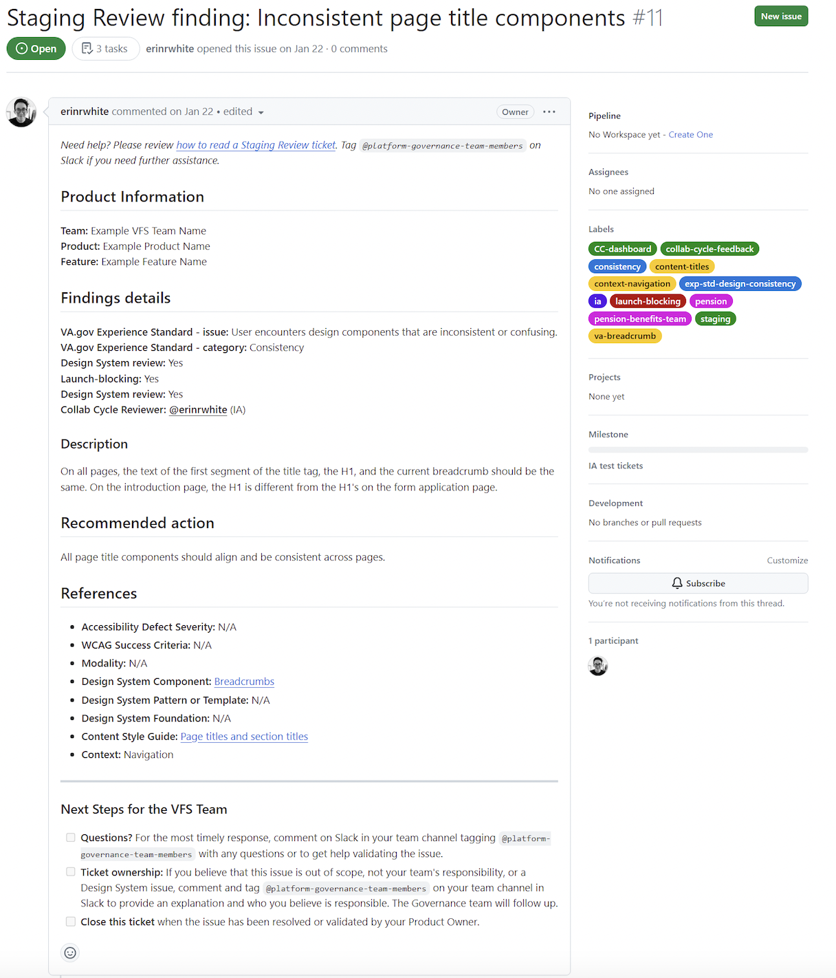 Screenshot of the GitHub labels in the Staging Review issue ticket