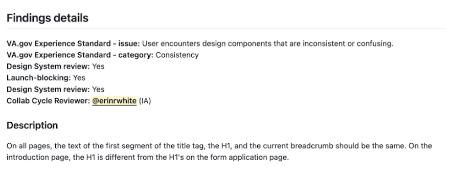 Screenshot of the Findings details and Description body sections.