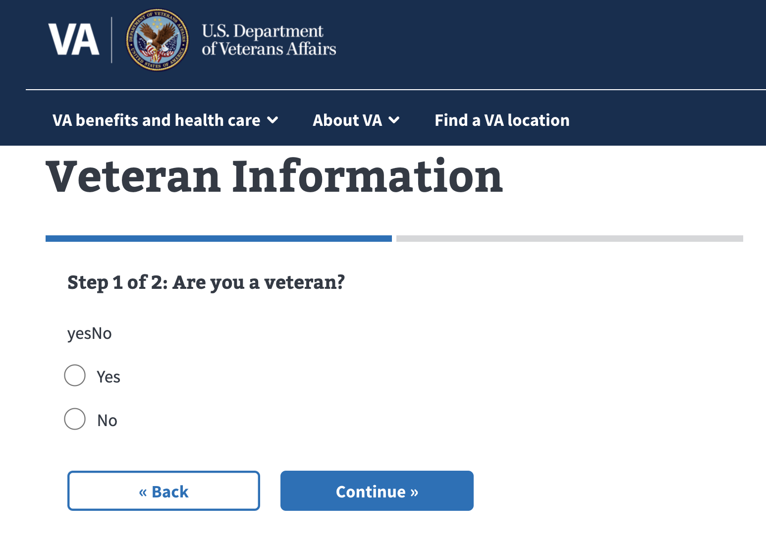 Screen shot of a Veteran Information form, the question, Are you a veteran, is followed by a two-choice radio button, listing options Yes and No