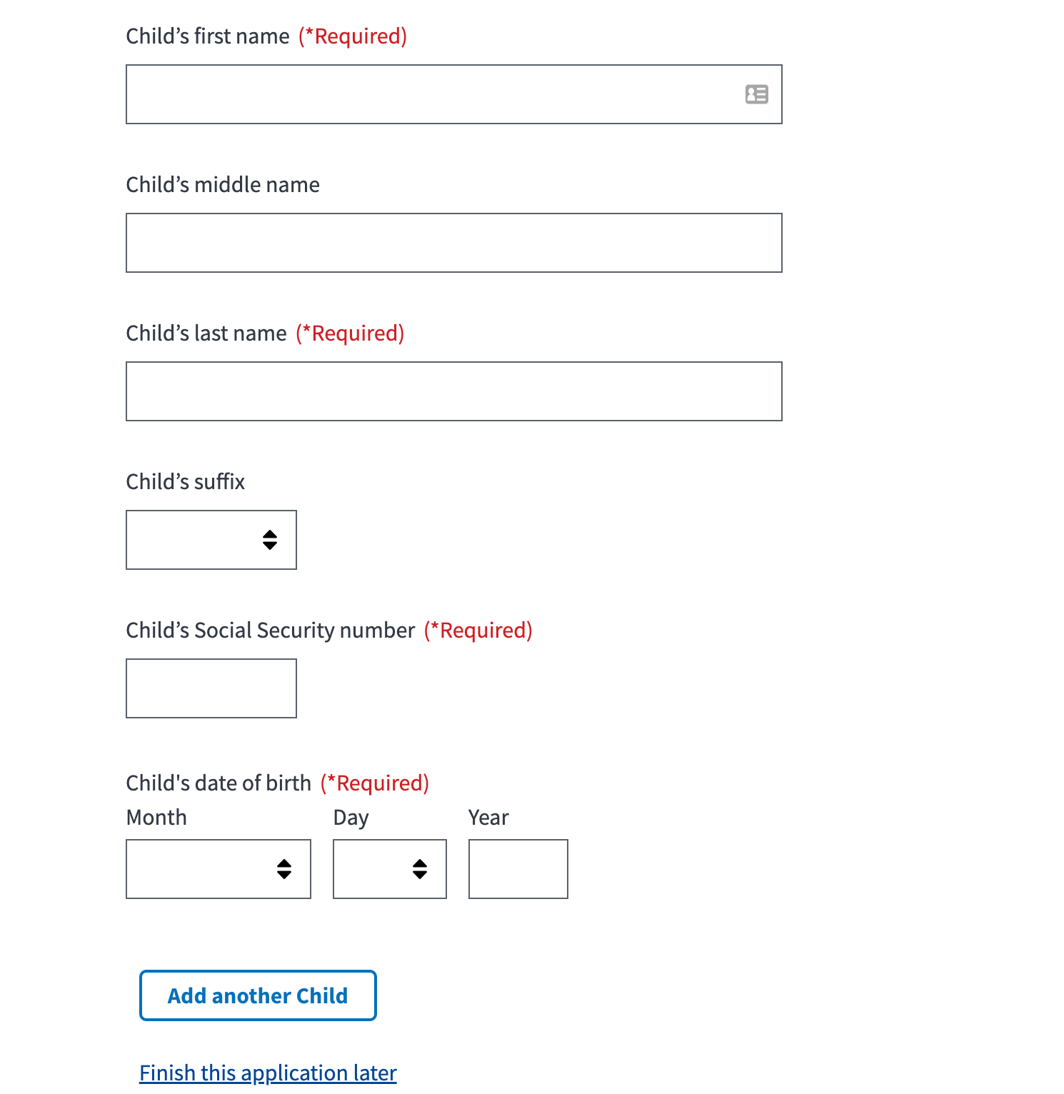 Forms fields asking for child first, middle, and last name, social security number, and date of birth.