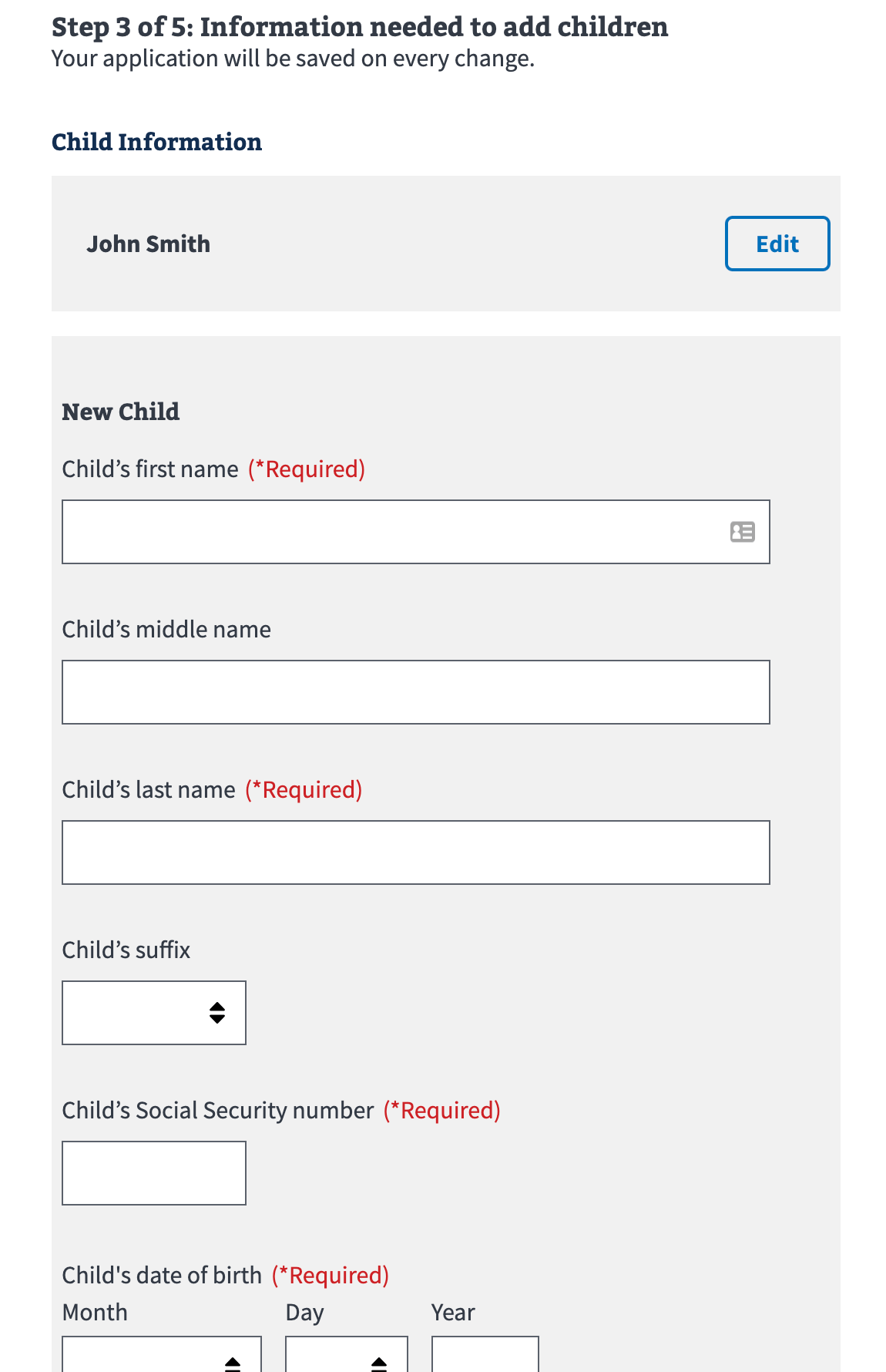 Additional forms fields asking for child first, middle, and last name, social security number, and date of birth.
