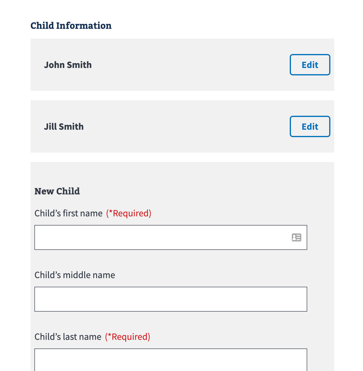 Form displaying a list of editable cards for each form entry