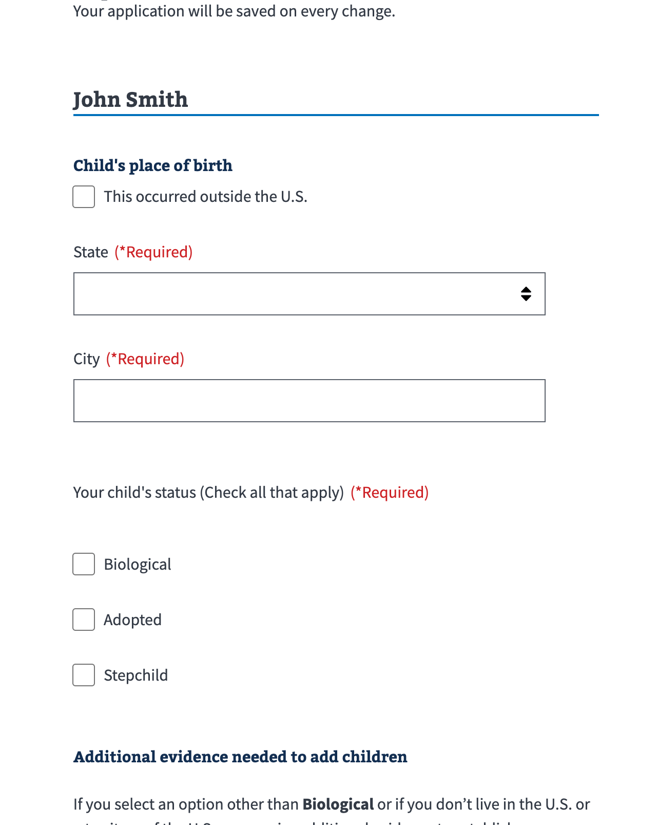 Form fields asking for a child's place of birth and status