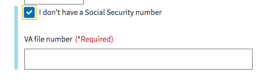 Screen shot showing an expanded field to collect a VA file number when a Social Security Number is not available