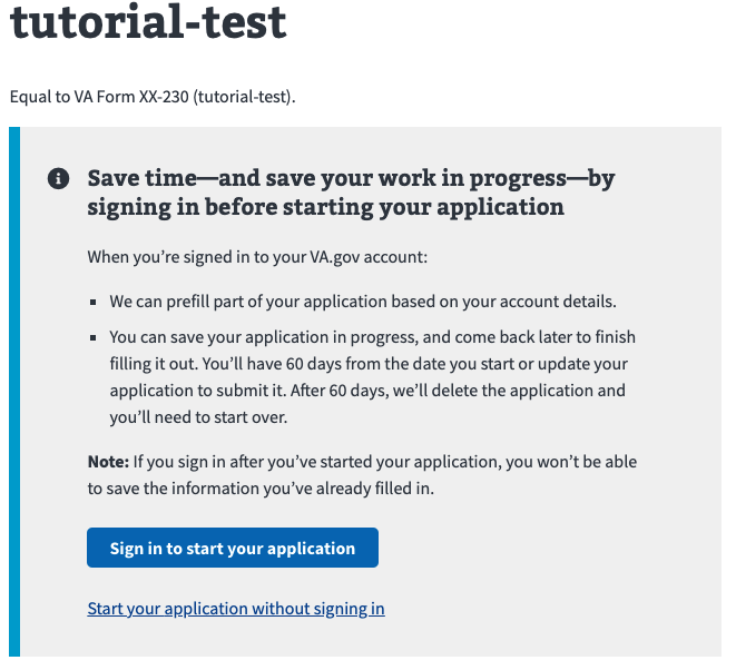 Screen shot showing instruction text about how to sign in before starting an application