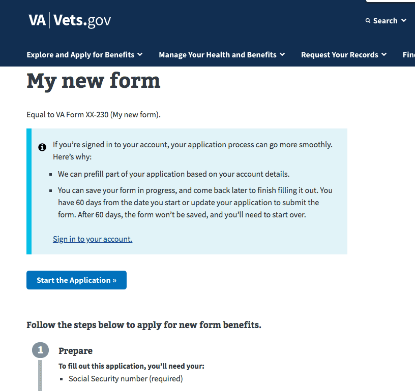 Screenshot of the new form application showing the introductory text on the form