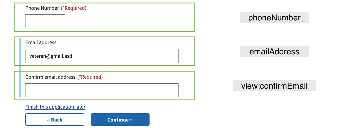 Screenshot of the Veteran Information page on the 686C-674 Form with each UI field annotated to show the associated schema field