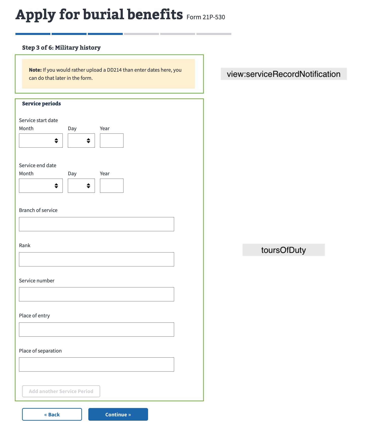 Military History page on the 21P-530 Form with UI fields annotated to show the associated schema field