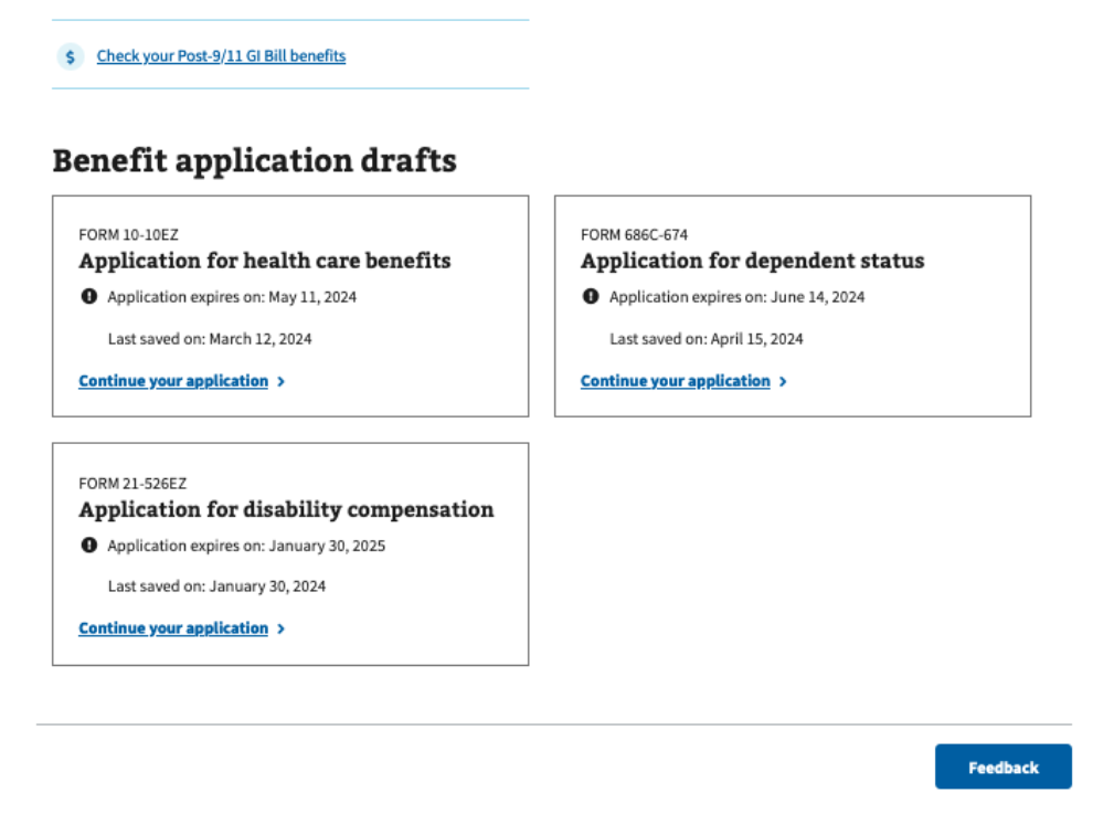 In-progress forms displayed in My VA