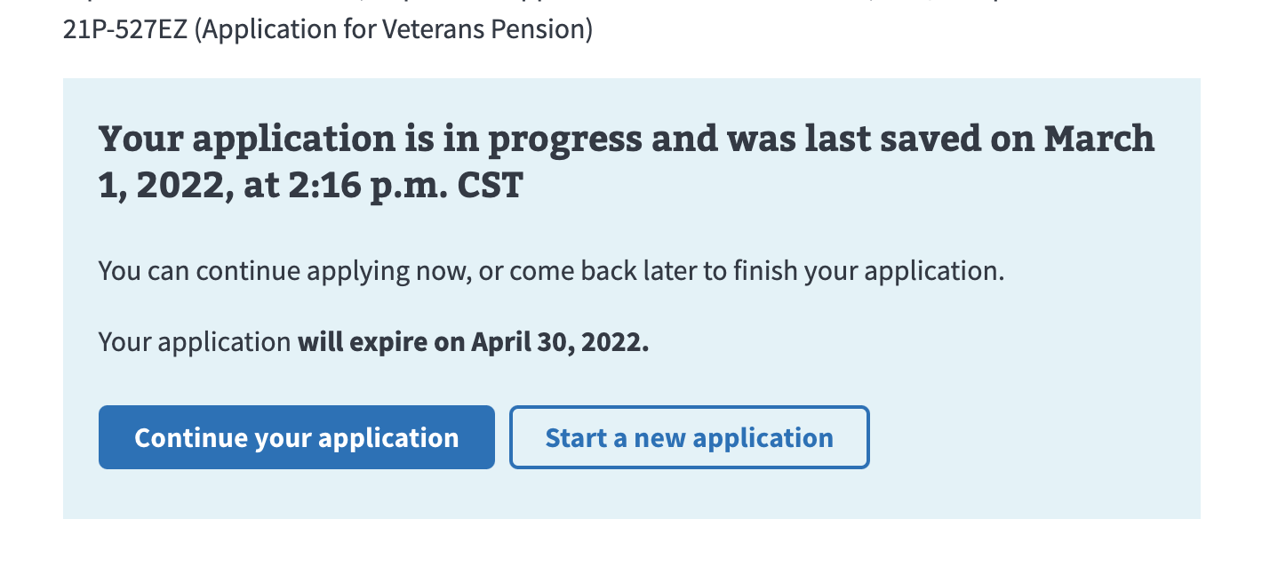 Introduction page alert box notifying the user their application is in progress and they can choose to resume or start over.