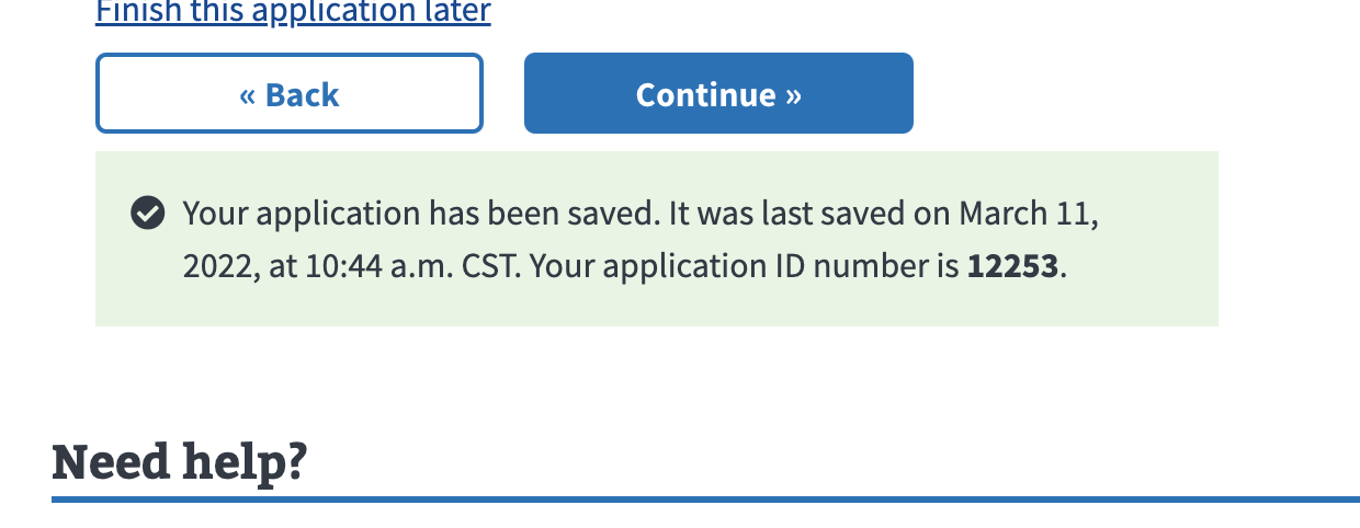 In-form save in progress message notifying the user their form progress was successfully saved.