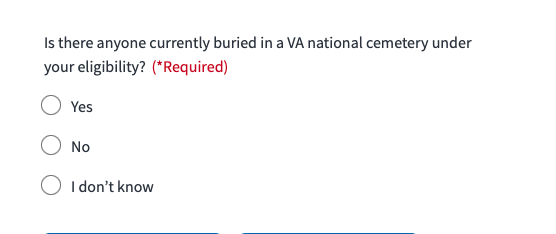 Screenshot showing the form question text if a user has identified as a Veteran